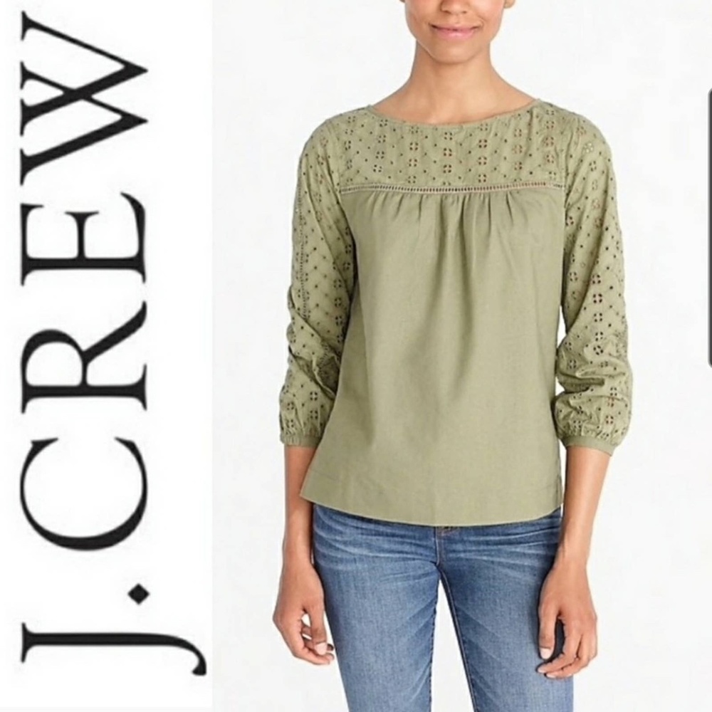 J Crew Mercantile  Olive Green Eyelet Top Size Med